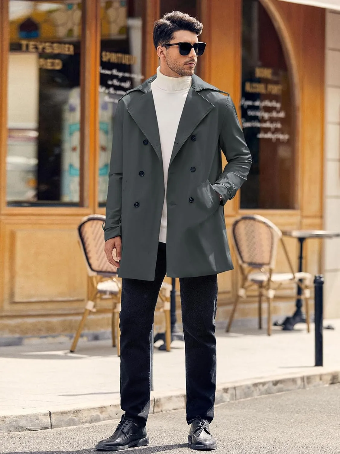 Gafeng Mens Double Breasted Trench Coat Notched Lapel Casual Slim Fit Long Windbreaker Overcoat