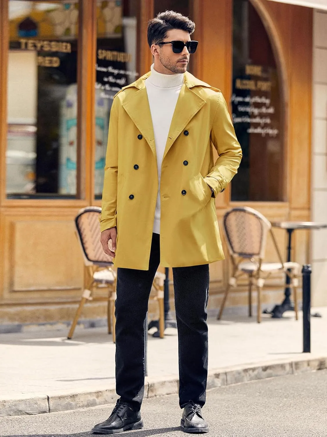 Gafeng Mens Double Breasted Trench Coat Notched Lapel Casual Slim Fit Long Windbreaker Overcoat
