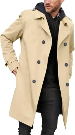 Gafeng Mens Double Breasted Trench Coat Notched Lapel Casual Slim Fit Long Windbreaker Overcoat