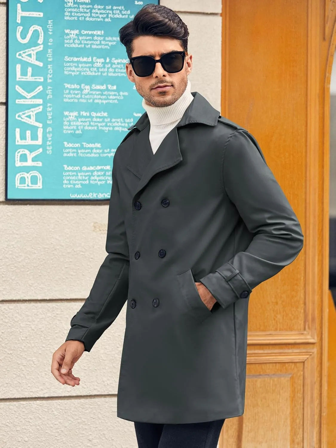 Gafeng Mens Double Breasted Trench Coat Notched Lapel Casual Slim Fit Long Windbreaker Overcoat