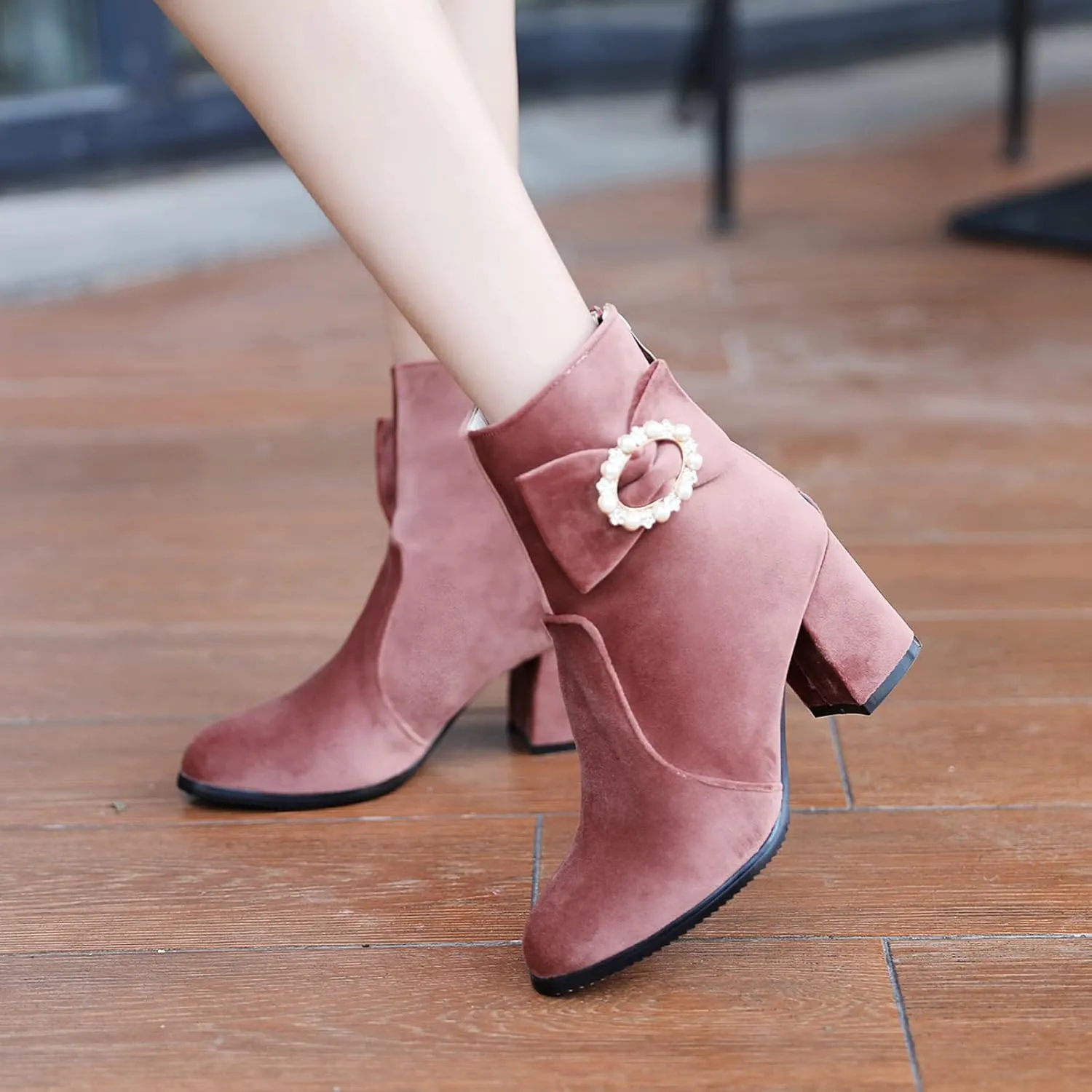 Gicoiz Women Round Toe Block Heels Winter Chelsea Boots