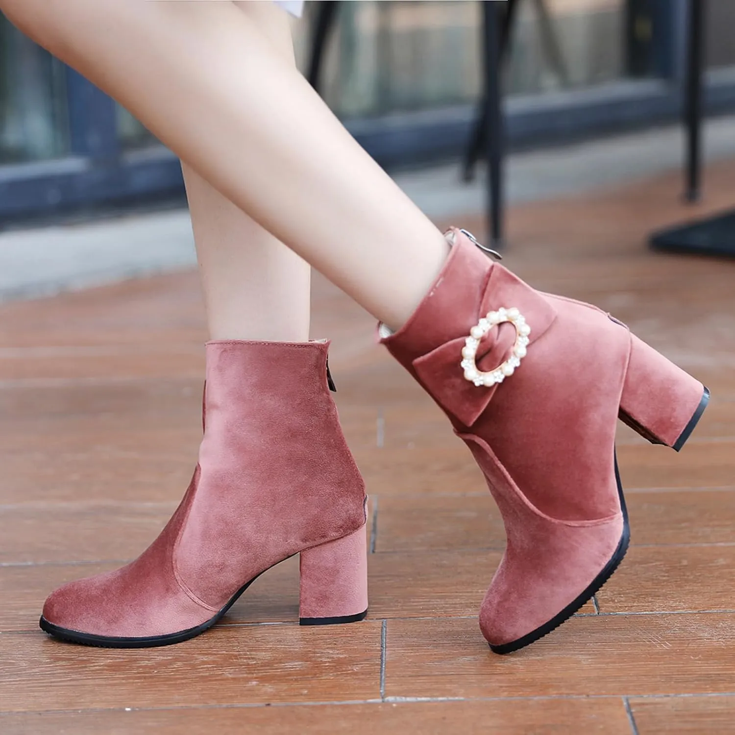 Gicoiz Women Round Toe Block Heels Winter Chelsea Boots