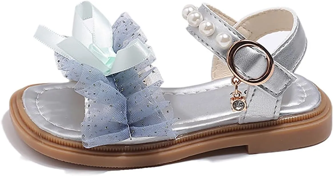 Girl Sandals Flower Girl Summer Dress Shoes Open Toe Pearl Mesh Soft Sole Flats Kids Wedding Party Bow Flower Pumps