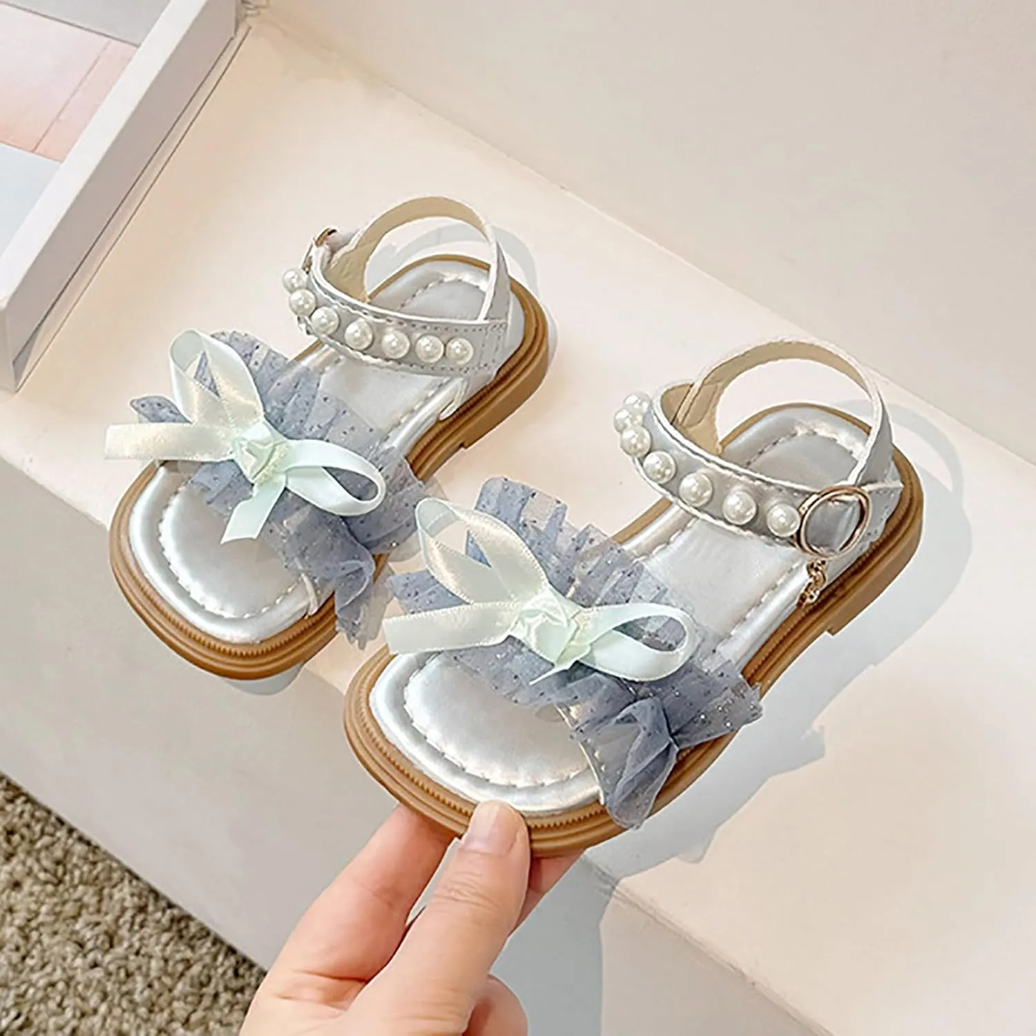 Girl Sandals Flower Girl Summer Dress Shoes Open Toe Pearl Mesh Soft Sole Flats Kids Wedding Party Bow Flower Pumps