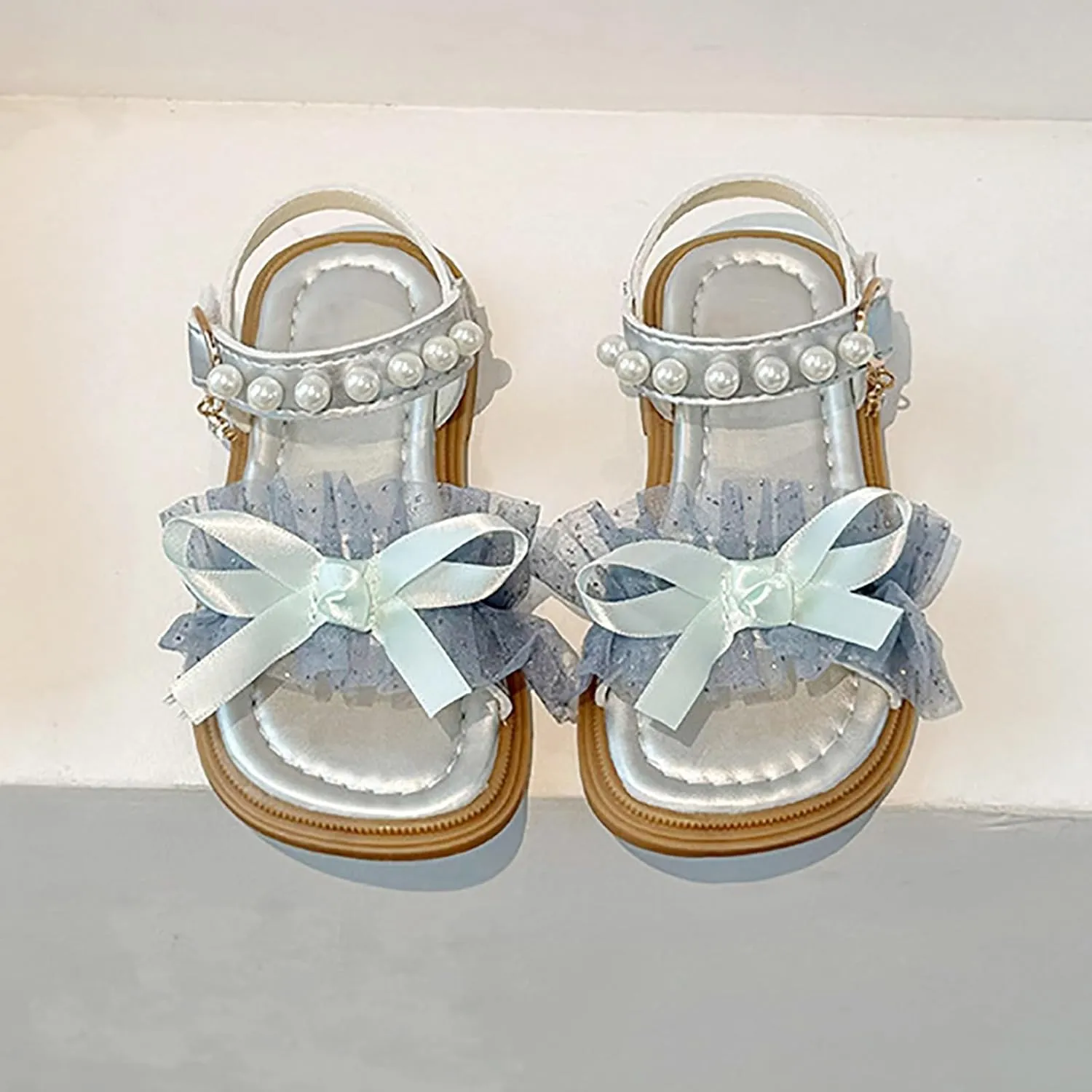 Girl Sandals Flower Girl Summer Dress Shoes Open Toe Pearl Mesh Soft Sole Flats Kids Wedding Party Bow Flower Pumps