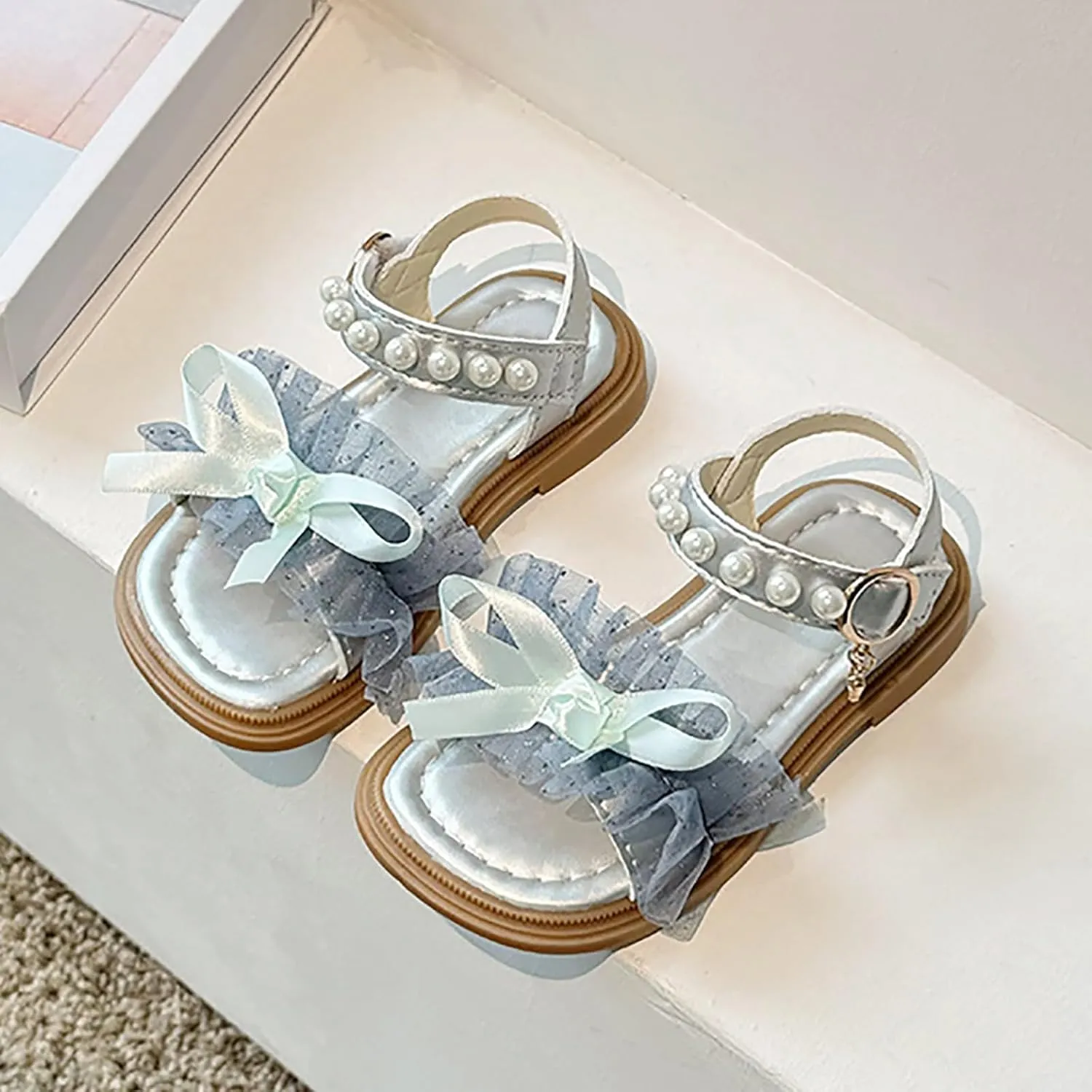 Girl Sandals Flower Girl Summer Dress Shoes Open Toe Pearl Mesh Soft Sole Flats Kids Wedding Party Bow Flower Pumps