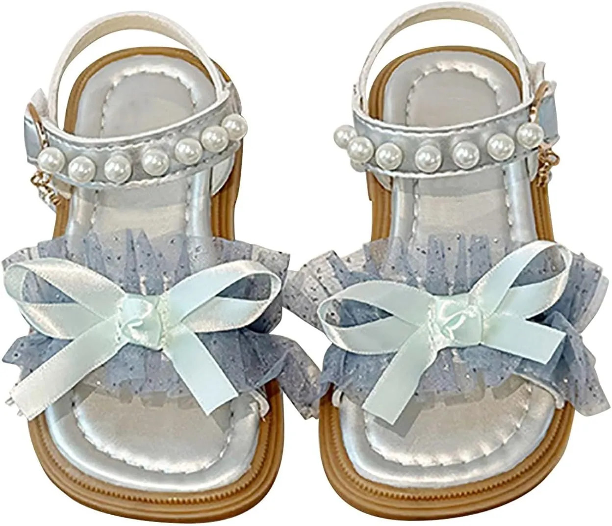 Girl Sandals Flower Girl Summer Dress Shoes Open Toe Pearl Mesh Soft Sole Flats Kids Wedding Party Bow Flower Pumps