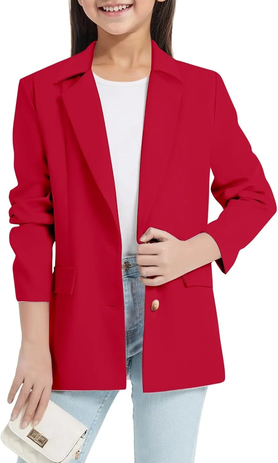 Girls Blazer Long Sleeve Shawl Collar Formal Blazers Suit Jacket Open Front Inner Pocket for Kids Size 3-14 Year