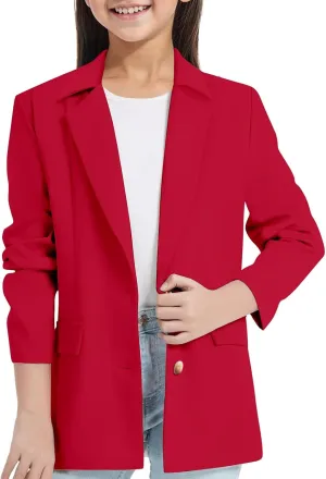 Girls Blazer Long Sleeve Shawl Collar Formal Blazers Suit Jacket Open Front Inner Pocket for Kids Size 3-14 Year