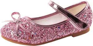 Girls Dress Shoes Princess Glittery Bowknot Low Heel Shoes for Toddler Little Girl Mary Jane Low Heels Footwear