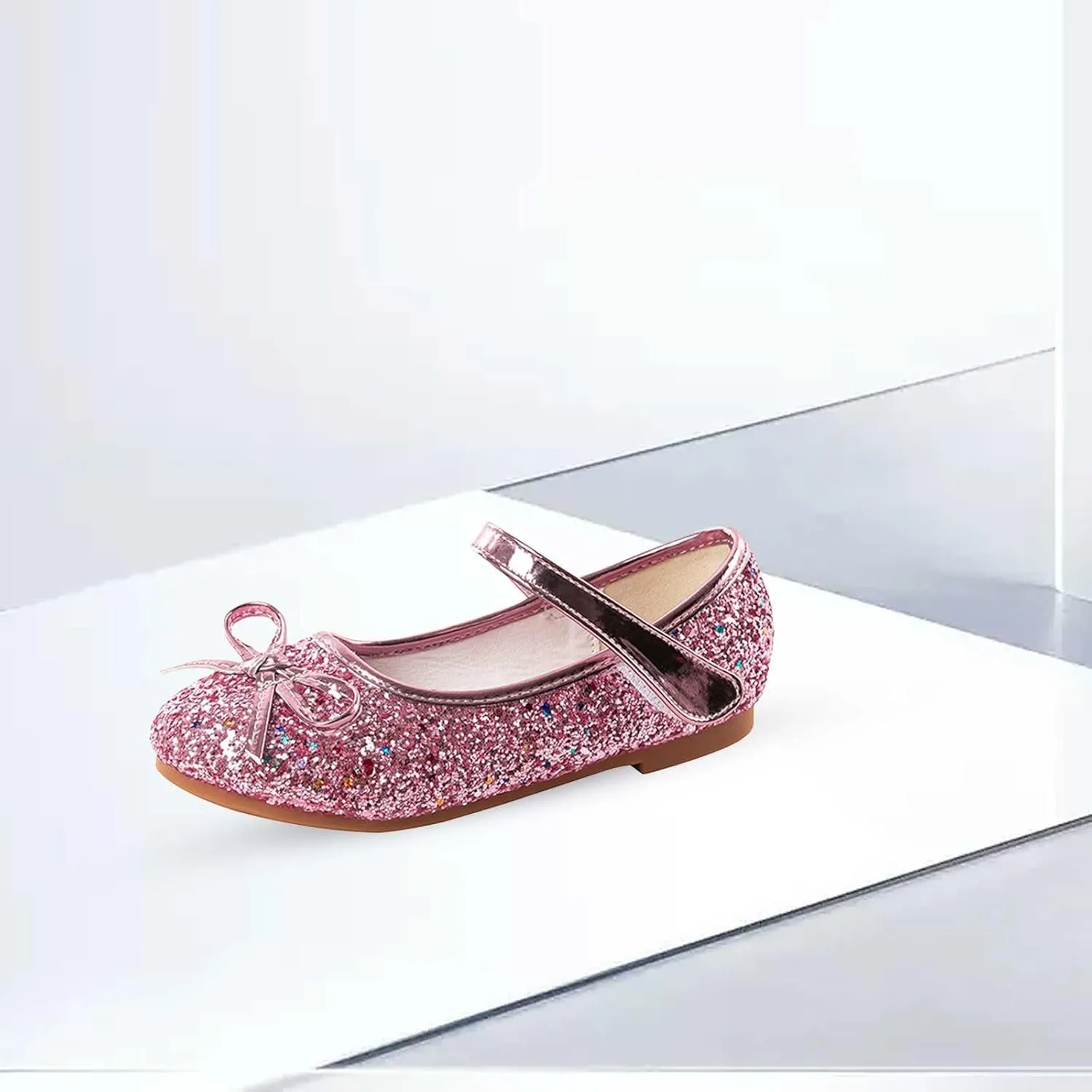 Girls Dress Shoes Princess Glittery Bowknot Low Heel Shoes for Toddler Little Girl Mary Jane Low Heels Footwear