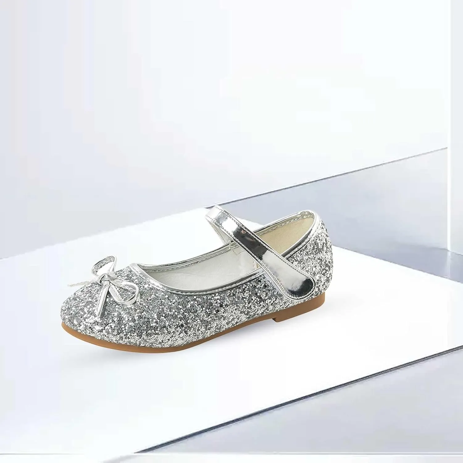 Girls Glittery Bowknot Dress Shoes Princess Low Heel Mary Jane Shoes for Toddler Little Girl Wedding Footwear
