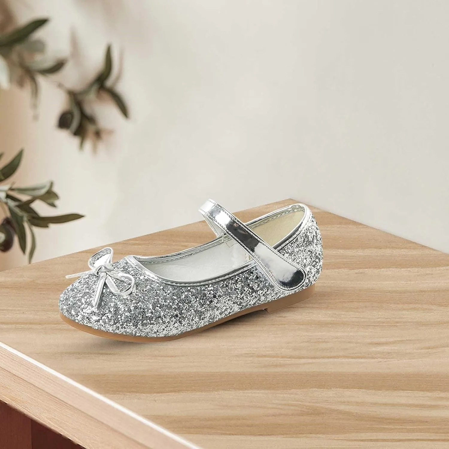 Girls Glittery Bowknot Dress Shoes Princess Low Heel Mary Jane Shoes for Toddler Little Girl Wedding Footwear