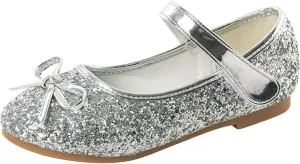 Girls Glittery Bowknot Dress Shoes Princess Low Heel Mary Jane Shoes for Toddler Little Girl Wedding Footwear