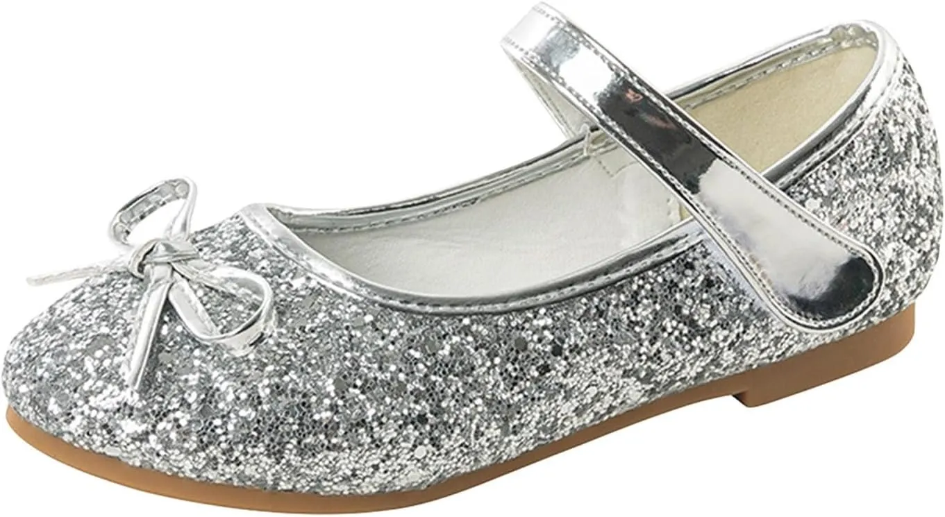 Girls Glittery Bowknot Dress Shoes Princess Low Heel Mary Jane Shoes for Toddler Little Girl Wedding Footwear