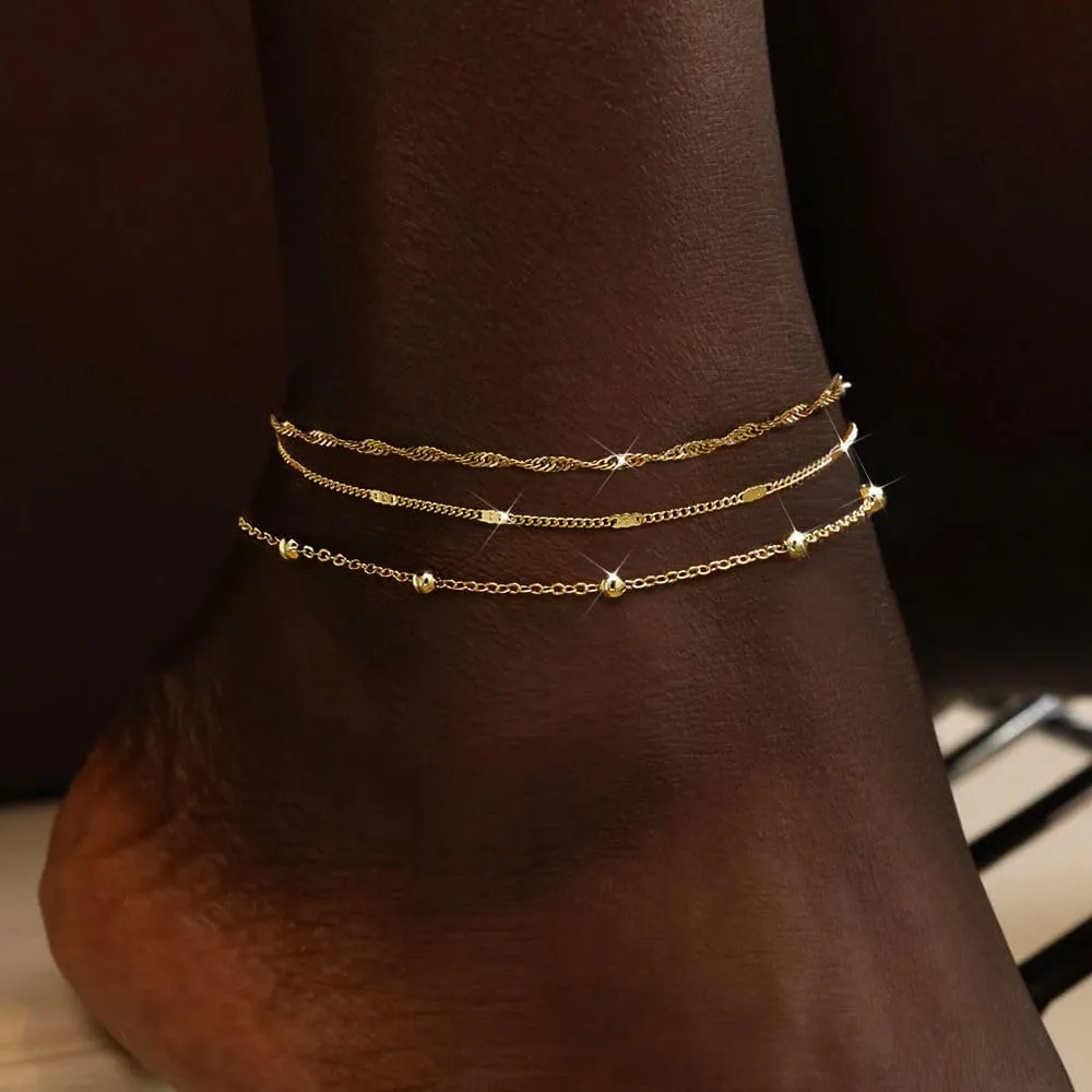 Gold Ankle Bracelets for Women Waterproof,14k Gold Plated Anklet Set Stackable Dainty Anklets Summer Beach Gift