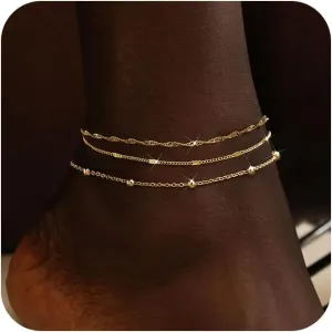 Gold Ankle Bracelets for Women Waterproof,14k Gold Plated Anklet Set Stackable Dainty Anklets Summer Beach Gift