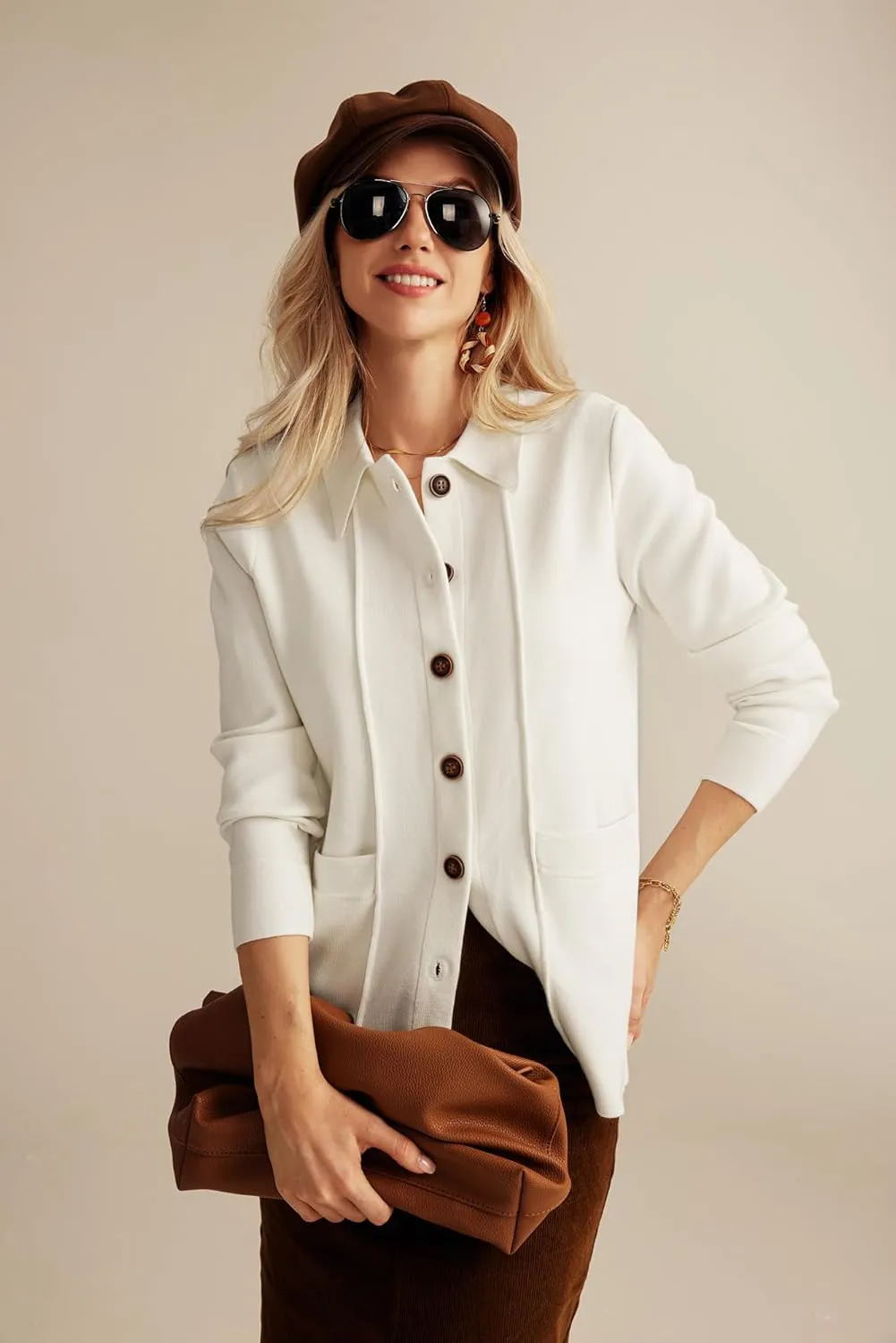 GRACE KARIN Women Casual Cardigan Knit Button Down Shirts Long Sleeve Shacket Jacket with Pockets