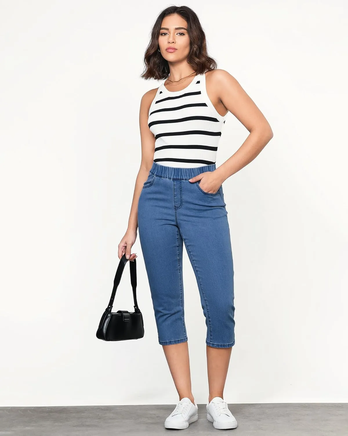GRAPENT Capris Jeans for Women High Waisted Trendy Pull On Elastic Waist Split Hem Skinny Stretchy Denim Capri Pants