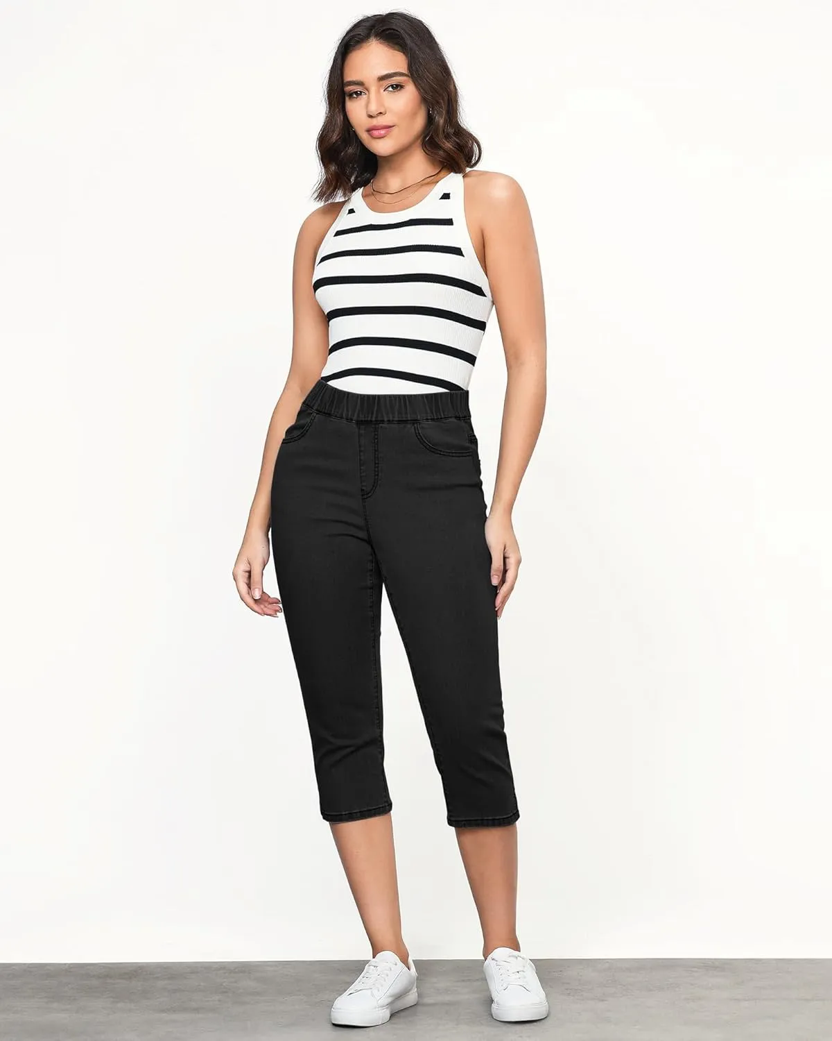 GRAPENT Capris Jeans for Women High Waisted Trendy Pull On Elastic Waist Split Hem Skinny Stretchy Denim Capri Pants