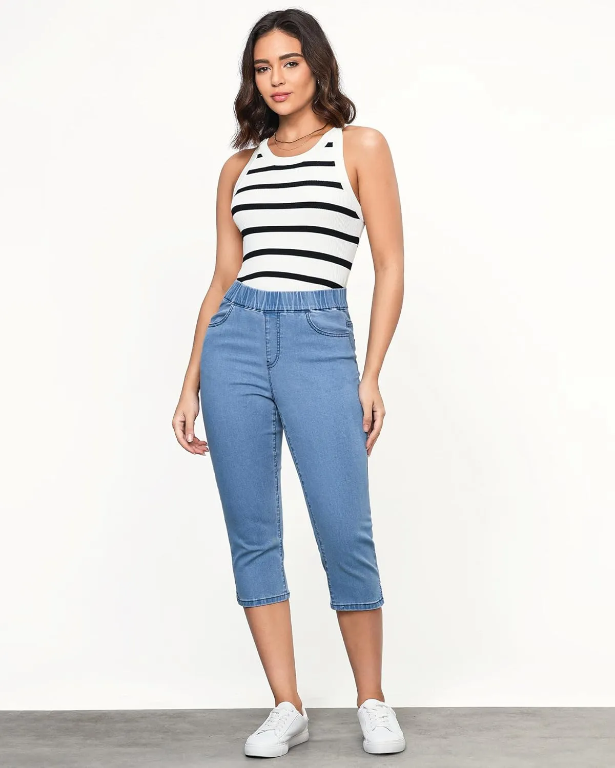 GRAPENT Capris Jeans for Women High Waisted Trendy Pull On Elastic Waist Split Hem Skinny Stretchy Denim Capri Pants