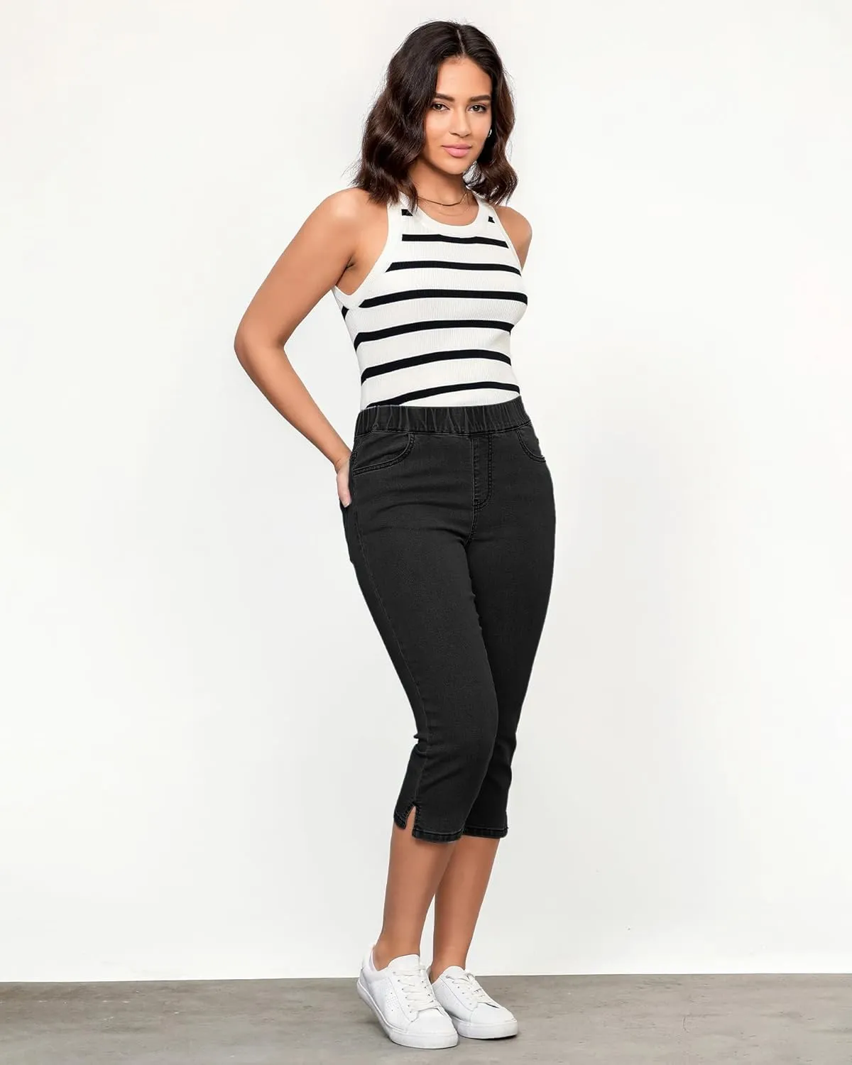 GRAPENT Capris Jeans for Women High Waisted Trendy Pull On Elastic Waist Split Hem Skinny Stretchy Denim Capri Pants