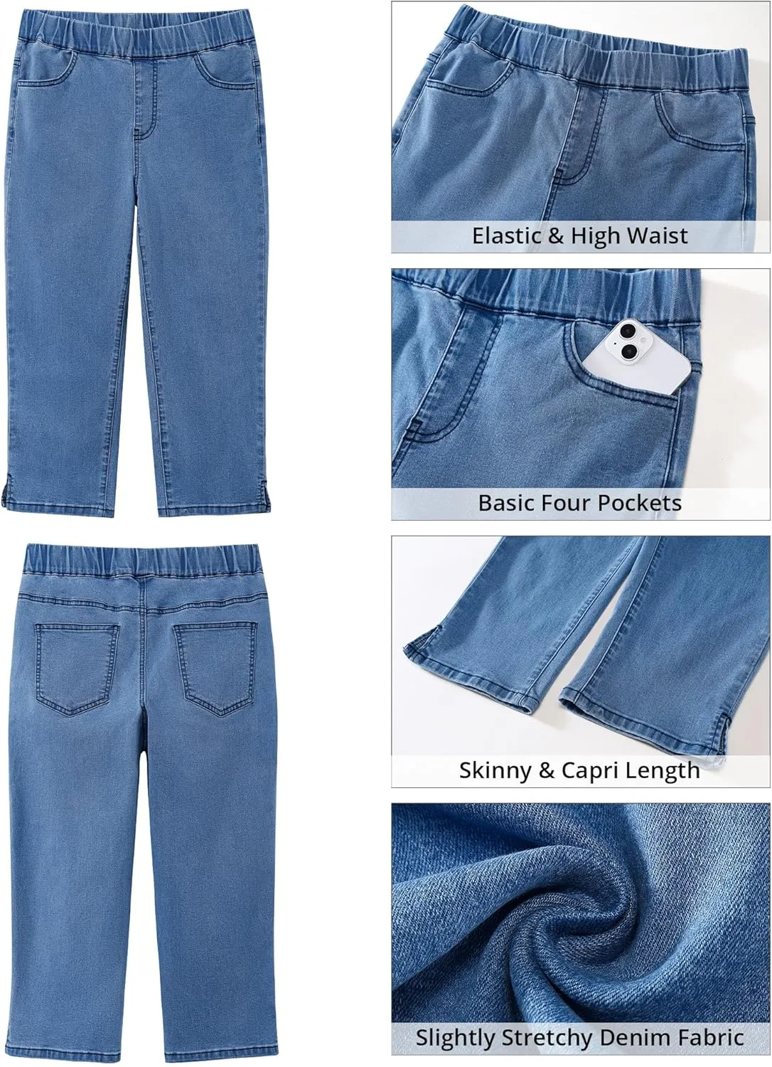 GRAPENT Capris Jeans for Women High Waisted Trendy Pull On Elastic Waist Split Hem Skinny Stretchy Denim Capri Pants
