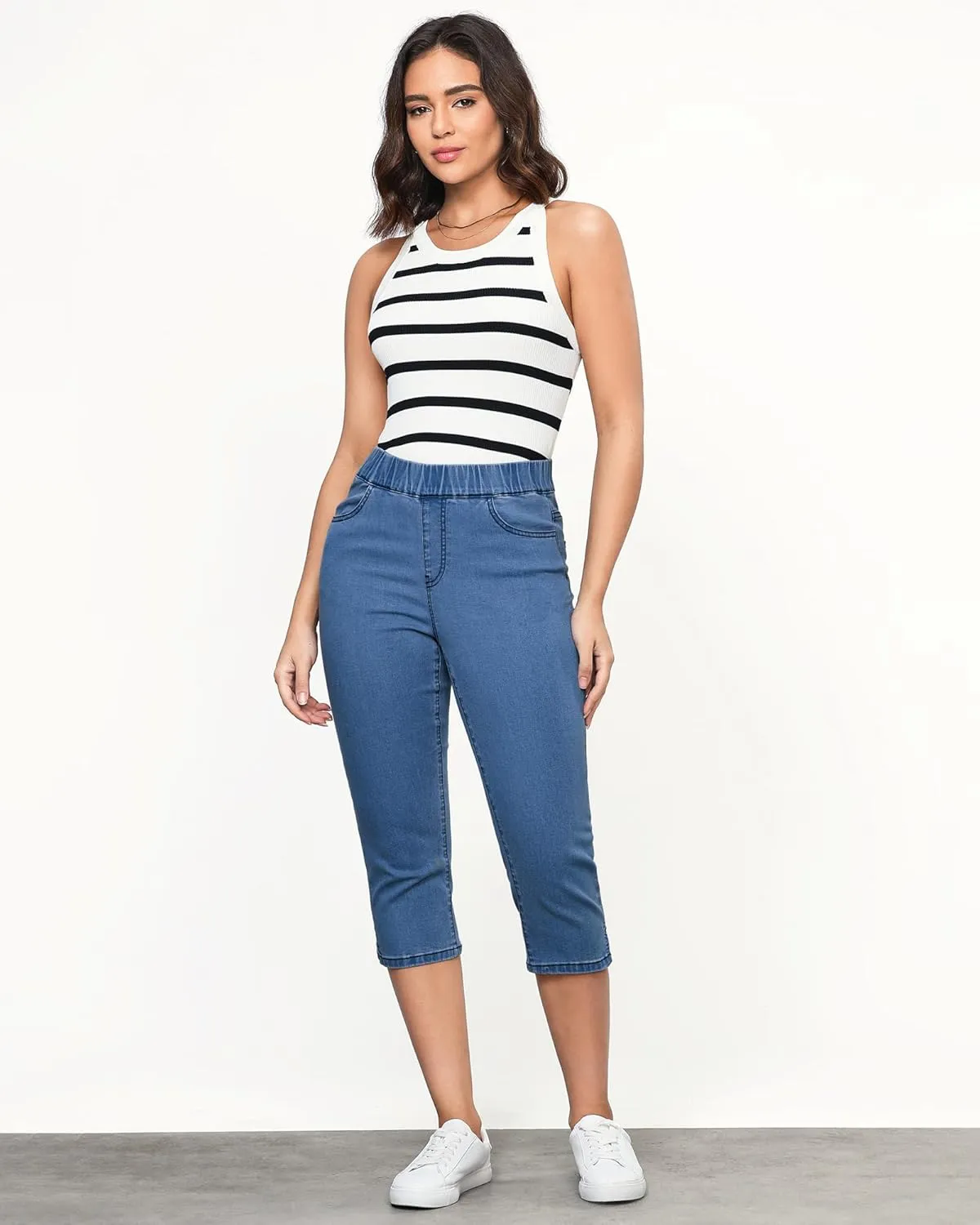 GRAPENT Capris Jeans for Women High Waisted Trendy Pull On Elastic Waist Split Hem Skinny Stretchy Denim Capri Pants