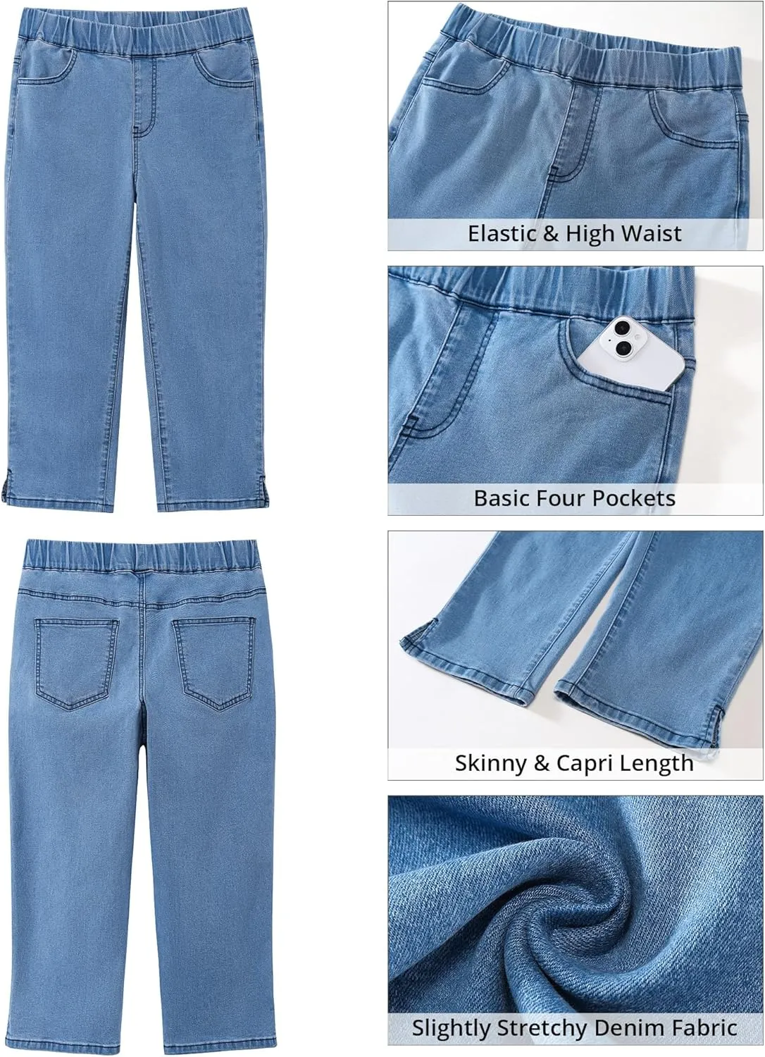 GRAPENT Capris Jeans for Women High Waisted Trendy Pull On Elastic Waist Split Hem Skinny Stretchy Denim Capri Pants