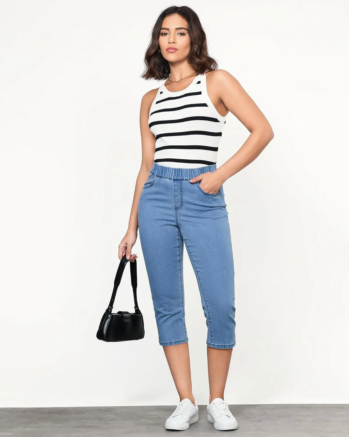 GRAPENT Capris Jeans for Women High Waisted Trendy Pull On Elastic Waist Split Hem Skinny Stretchy Denim Capri Pants