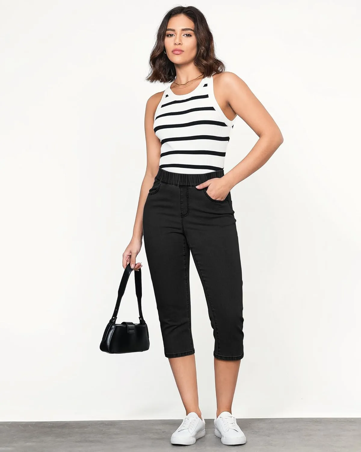 GRAPENT Capris Jeans for Women High Waisted Trendy Pull On Elastic Waist Split Hem Skinny Stretchy Denim Capri Pants
