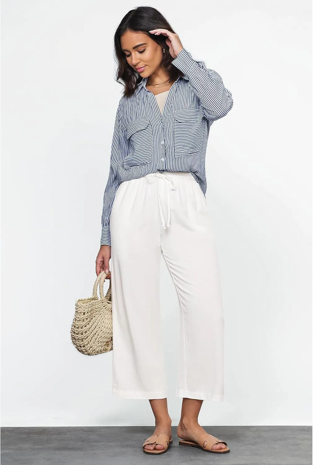 GRAPENT Linen Pants for Women High Waisted Wide Leg Capri Elastic Waist Casual Beach Flowy Cropped Summer Capris Pants