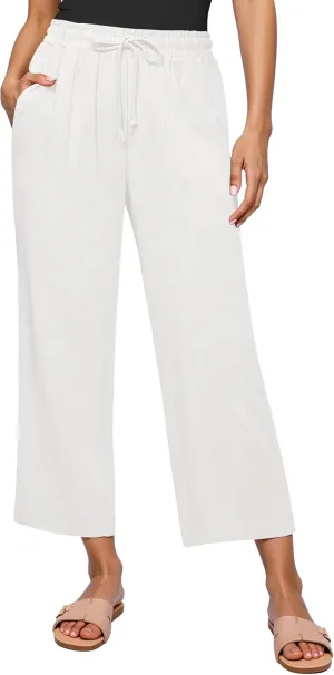 GRAPENT Linen Pants for Women High Waisted Wide Leg Capri Elastic Waist Casual Beach Flowy Cropped Summer Capris Pants
