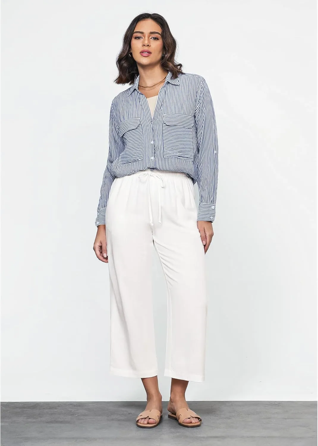 GRAPENT Linen Pants for Women High Waisted Wide Leg Capri Elastic Waist Casual Beach Flowy Cropped Summer Capris Pants