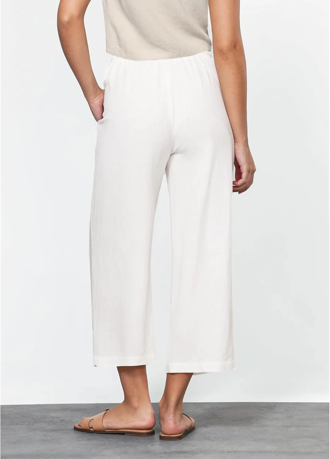 GRAPENT Linen Pants for Women High Waisted Wide Leg Capri Elastic Waist Casual Beach Flowy Cropped Summer Capris Pants