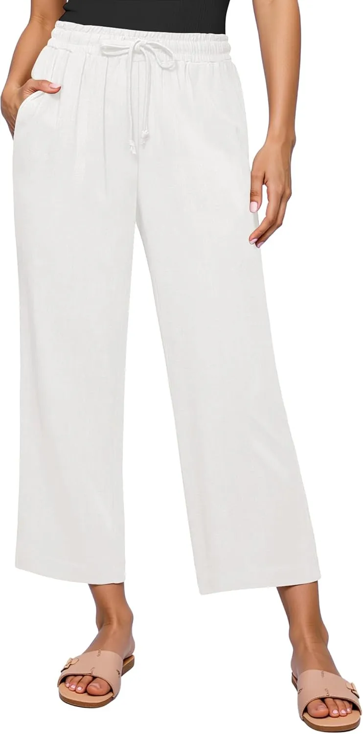 GRAPENT Linen Pants for Women High Waisted Wide Leg Capri Elastic Waist Casual Beach Flowy Cropped Summer Capris Pants