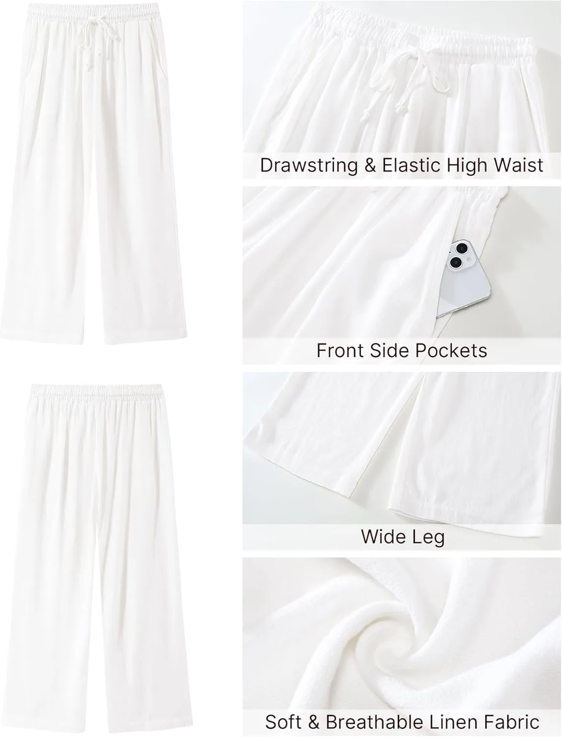 GRAPENT Linen Pants for Women High Waisted Wide Leg Capri Elastic Waist Casual Beach Flowy Cropped Summer Capris Pants