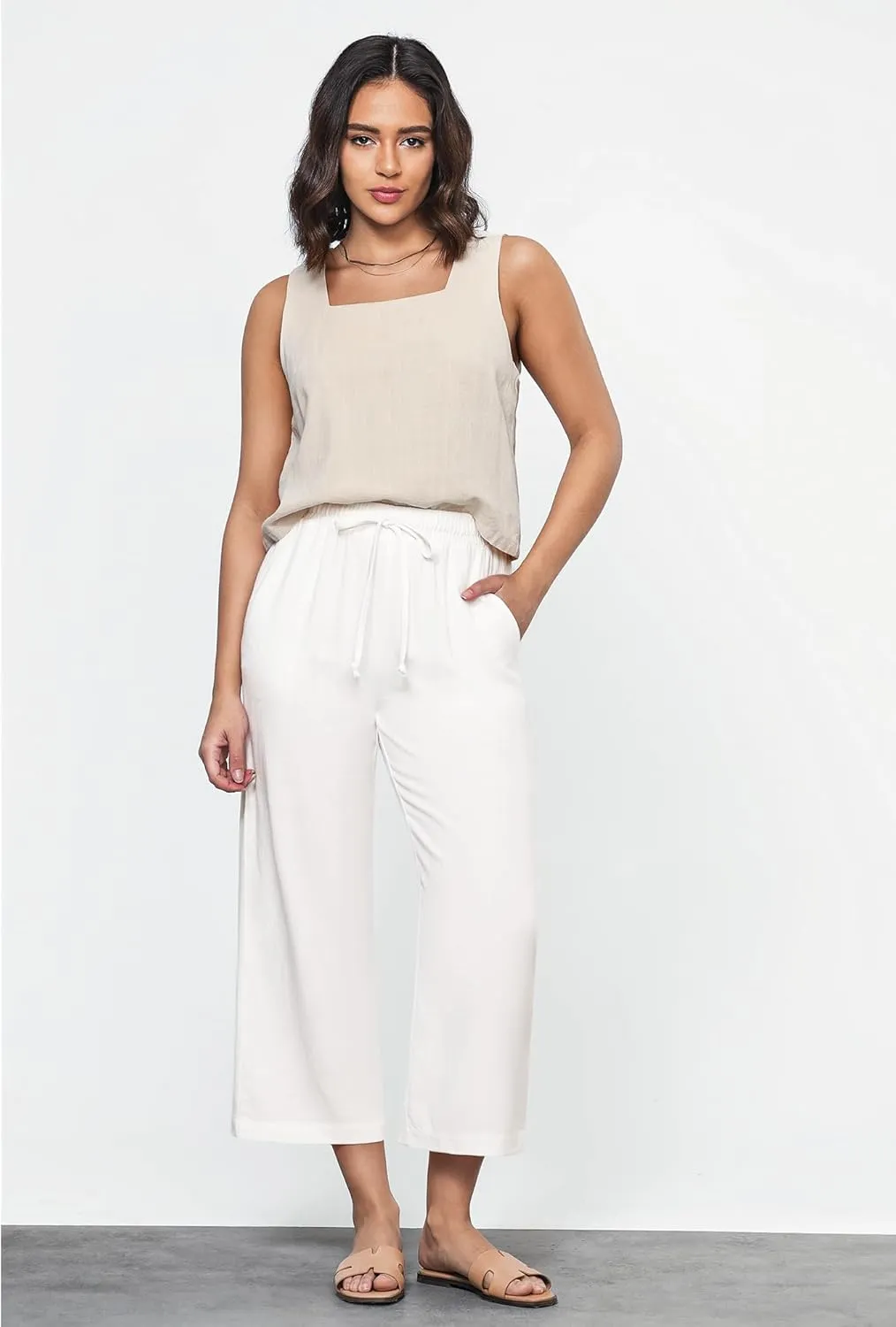GRAPENT Linen Pants for Women High Waisted Wide Leg Capri Elastic Waist Casual Beach Flowy Cropped Summer Capris Pants