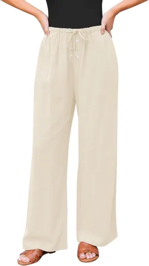 GRAPENT Linen Wide Leg Pants Woman High Waisted Pull On Button Drawstring Baggy Casual Summer Palazzo Pants with Pockets