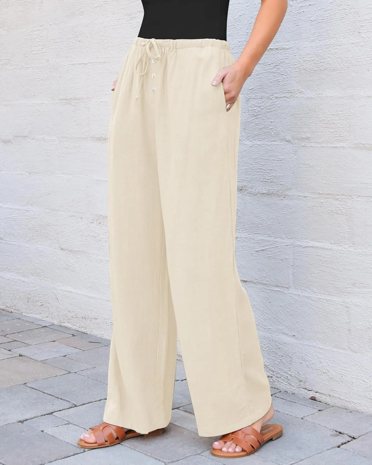 GRAPENT Linen Wide Leg Pants Woman High Waisted Pull On Button Drawstring Baggy Casual Summer Palazzo Pants with Pockets