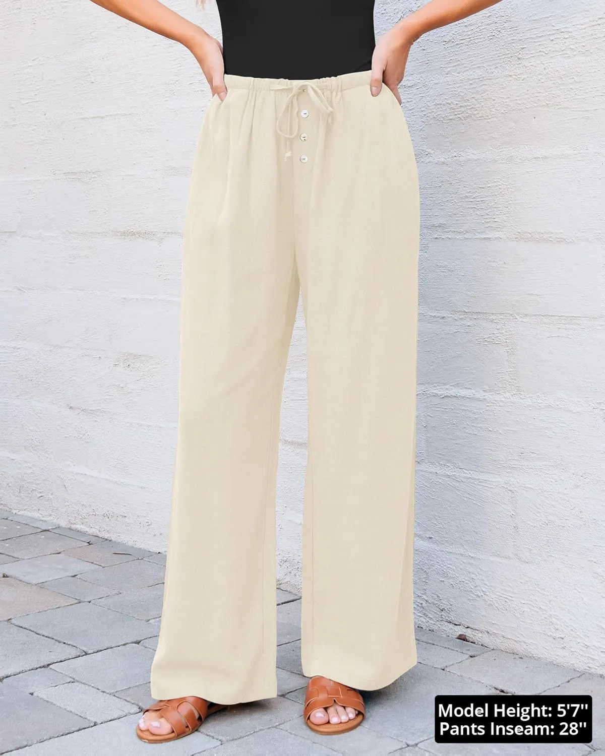 GRAPENT Linen Wide Leg Pants Woman High Waisted Pull On Button Drawstring Baggy Casual Summer Palazzo Pants with Pockets