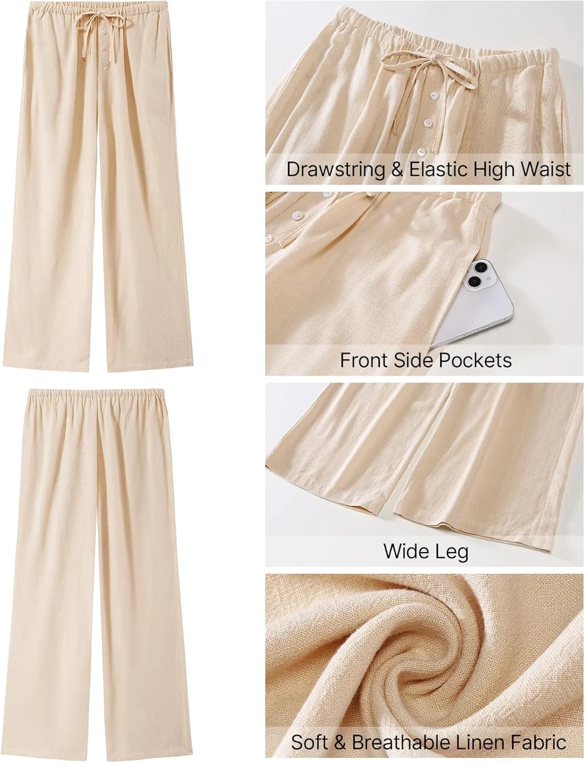 GRAPENT Linen Wide Leg Pants Woman High Waisted Pull On Button Drawstring Baggy Casual Summer Palazzo Pants with Pockets