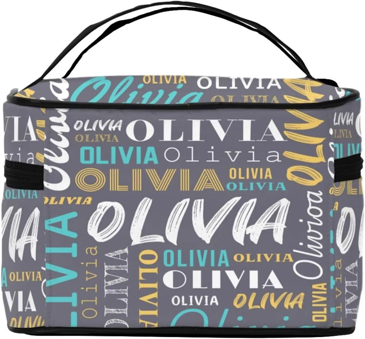 Grey Custom Makeup Bag with Name Personalized Photo Logo Text Cosmetic Case Customized Name Travel Make Up Toiletry Bags with Handles Unique Gifts for Women Bridesmaid Sister