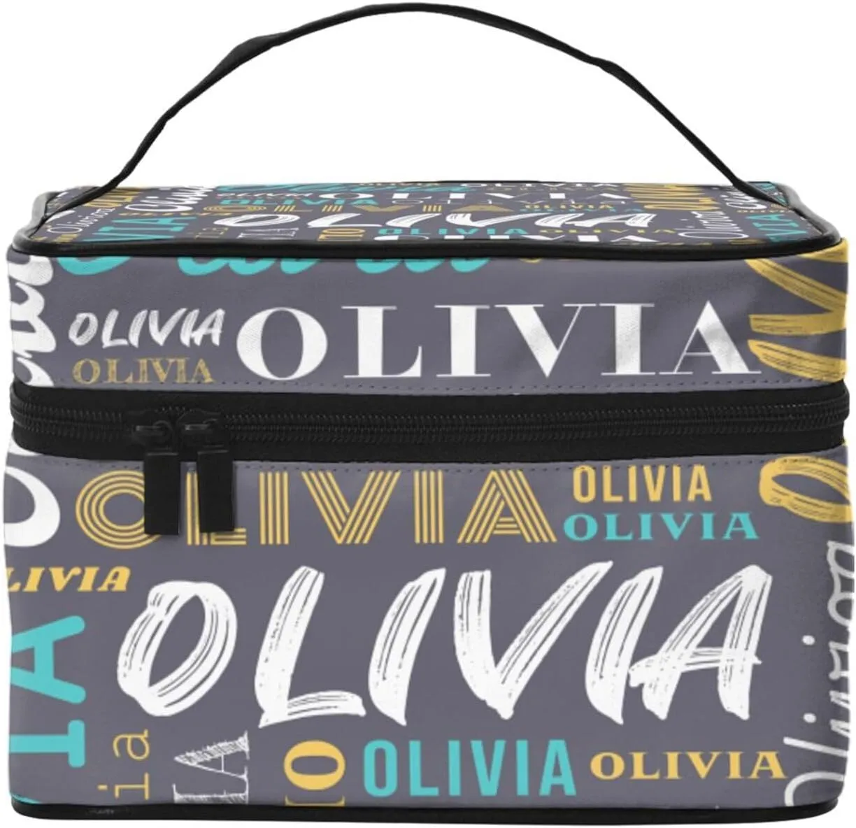 Grey Custom Makeup Bag with Name Personalized Photo Logo Text Cosmetic Case Customized Name Travel Make Up Toiletry Bags with Handles Unique Gifts for Women Bridesmaid Sister
