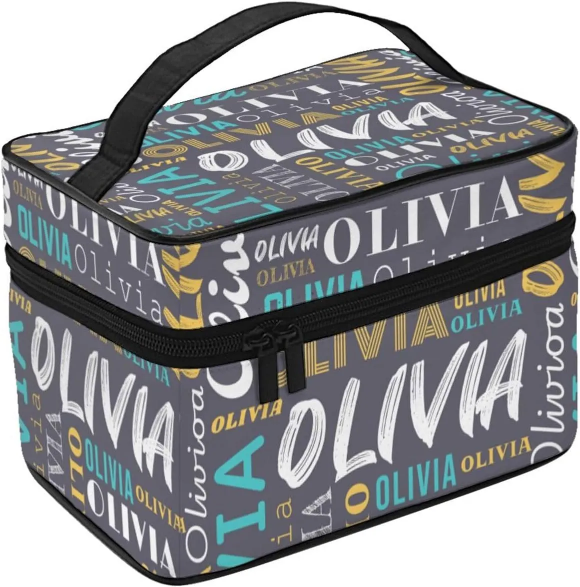 Grey Custom Makeup Bag with Name Personalized Photo Logo Text Cosmetic Case Customized Name Travel Make Up Toiletry Bags with Handles Unique Gifts for Women Bridesmaid Sister