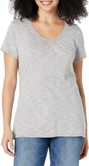 Hanes Women's Shirts, Slub Cotton Shirred V-Neck Tee, Cotton T-Shirts for Women, Womens Tee Shirts