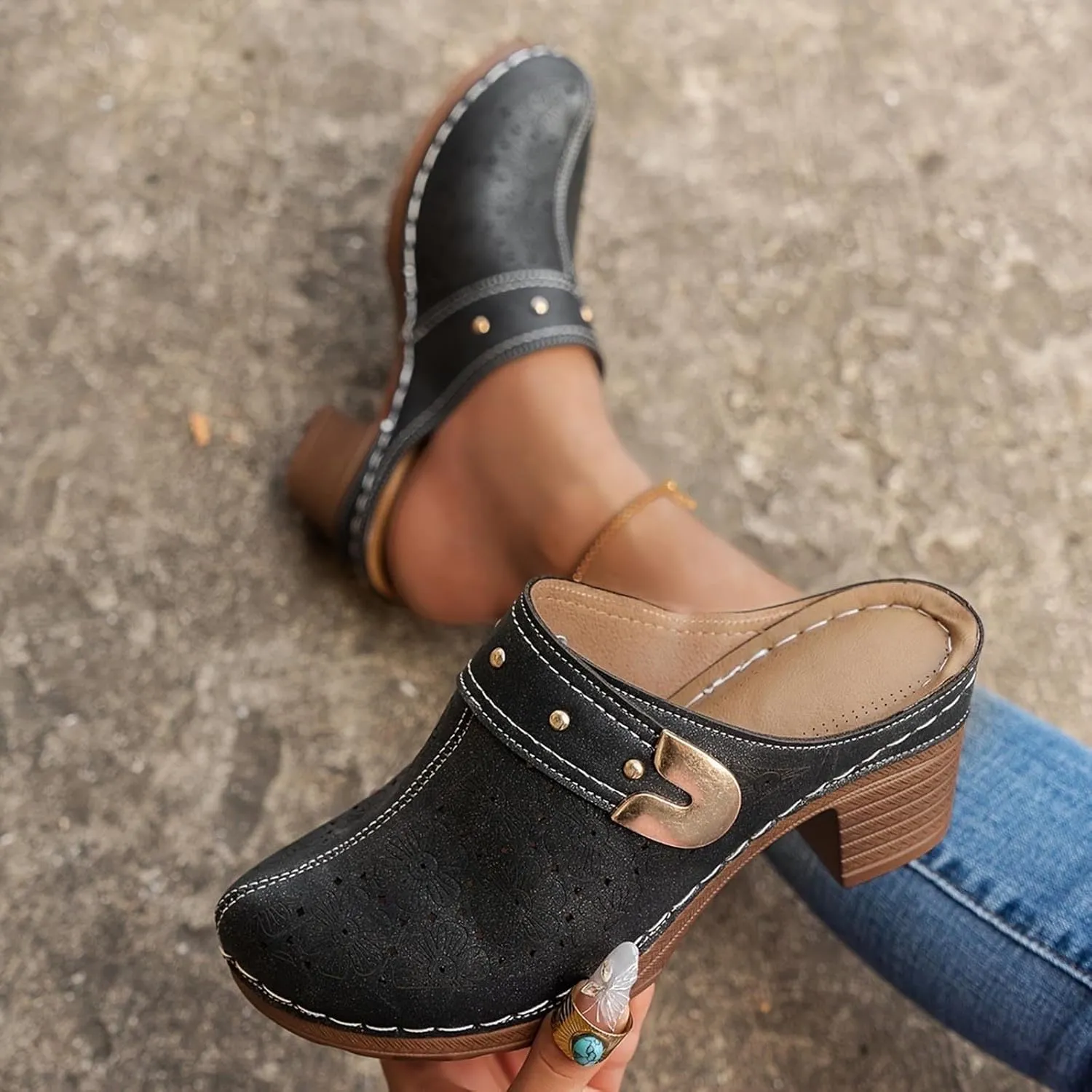 Heels Mules for Women 2025 Hollow Closed Toe Chunky Heels Sandals Comfortable Dressy Backless Sandals Slip On Slippers Party Shoes