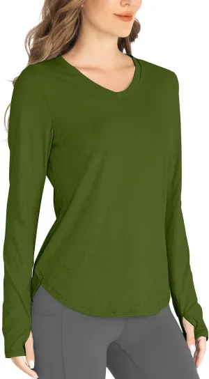 Hiverlay Long Sleeve Workout Shirts for Women V Neck UPF 50  Athletic Shirts with Thumbhole Running Loose Active T-Shirts