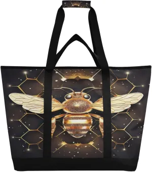 Honey Black Bee Tote Bag for Women with Zipper Reusable Grocery Bags Foldable Insulated Cooler Bag Totes Shopping Bags Handbags for Groceries Beach Travel Work Picnic