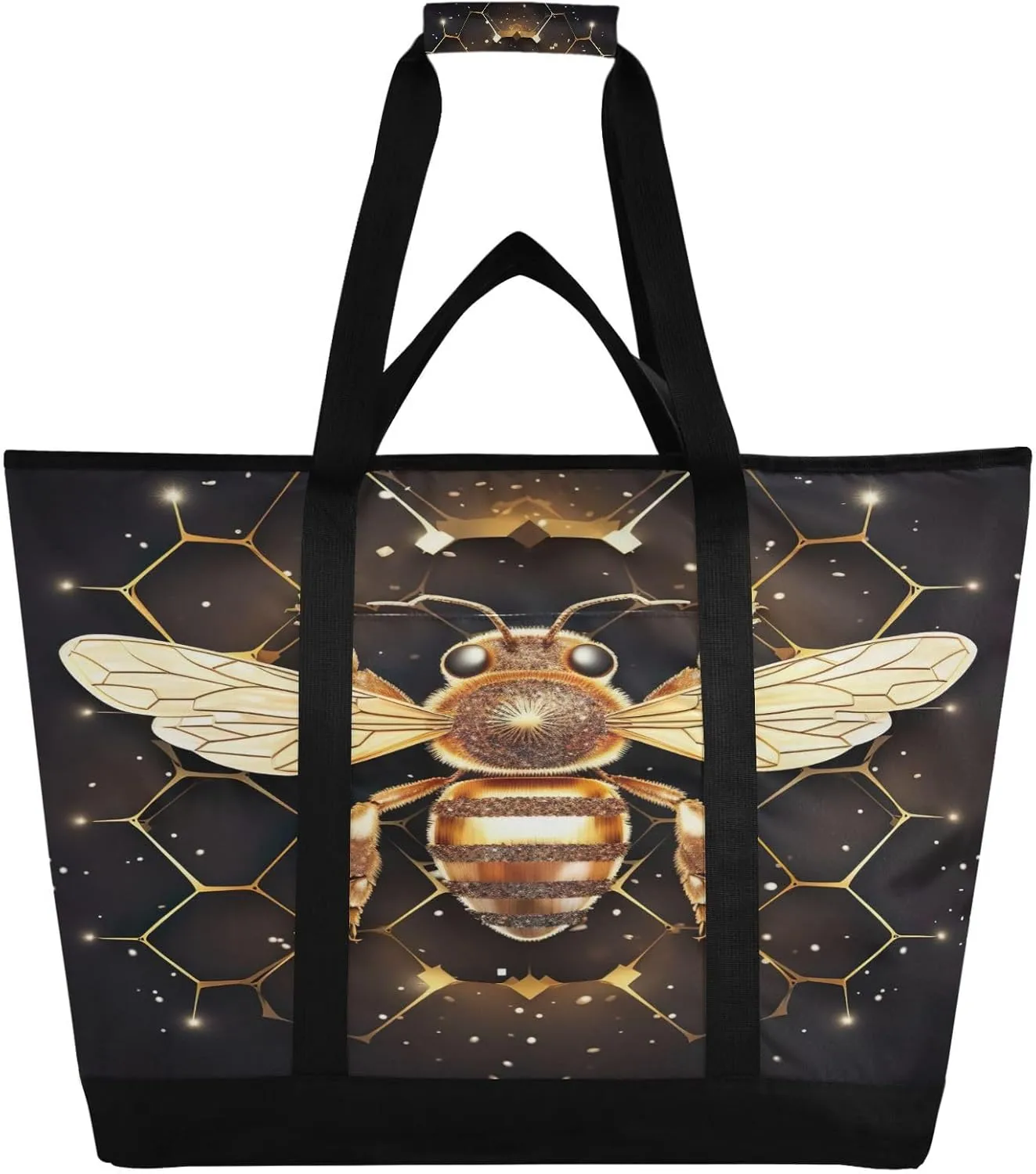 Honey Black Bee Tote Bag for Women with Zipper Reusable Grocery Bags Foldable Insulated Cooler Bag Totes Shopping Bags Handbags for Groceries Beach Travel Work Picnic